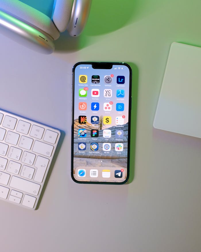 Smartphone on a desk with visible apps, keyboard, and headphones.